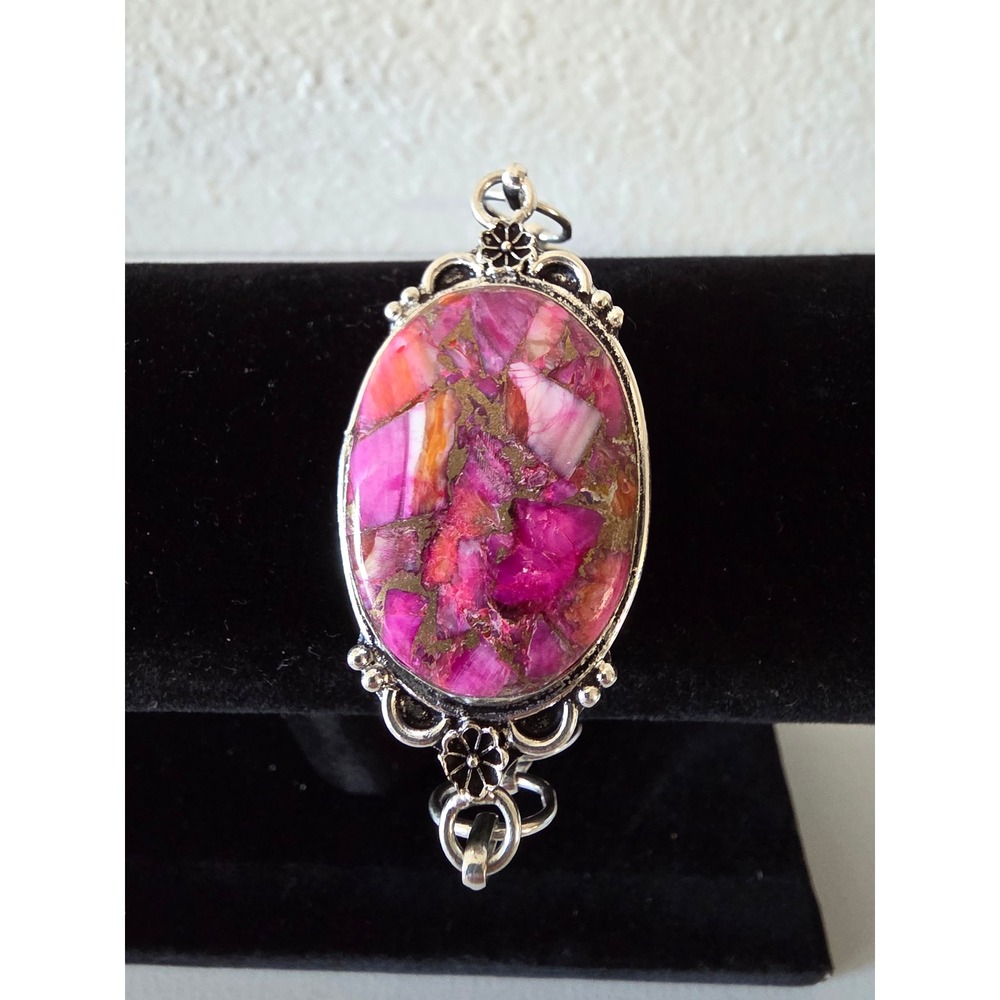 Clara Pink Dahlia Composite Stone Silver Tone Toggle Bracelet 6-8 Inch